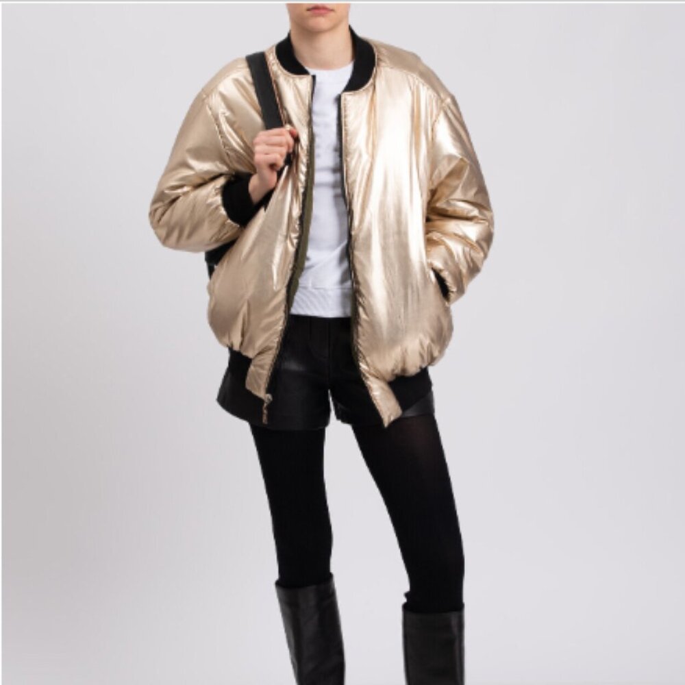 MY TWIN TWINSET Women's Bomber Jacket Coat Reversible Gold Metallic Green XS NWT